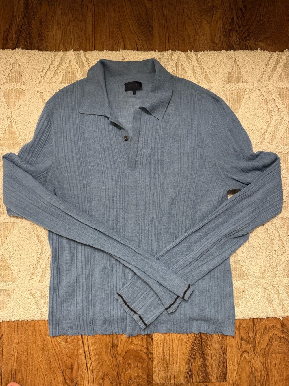 LANVIN Paris Textured Knit Polo Blue Gray Long Sleeve Designer